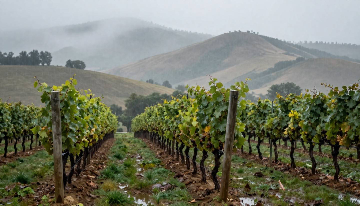 Rain falling over Napa Valley vineyards in Rutherford, showing a quiet and atmospheric wine country landscape on a rainy day.
