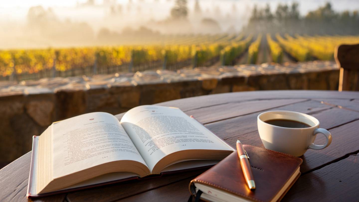 Open book and notebook on a table overlooking Napa Valley vineyards in the morning, showing a quiet reading and writing focused vacation.