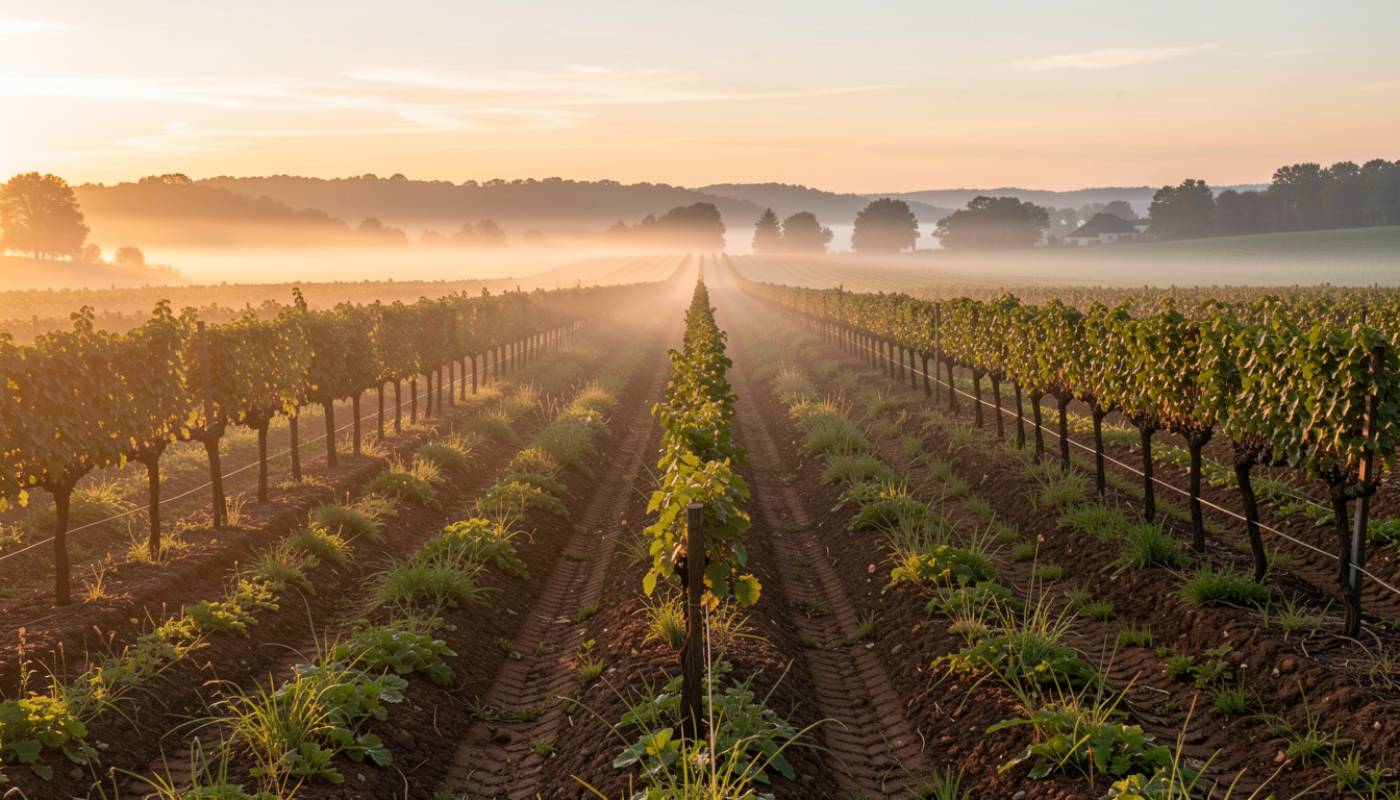 Vineyard in Napa Valley with green cover crops growing between vine rows in early morning light, showing regenerative farming practices and healthy soil.