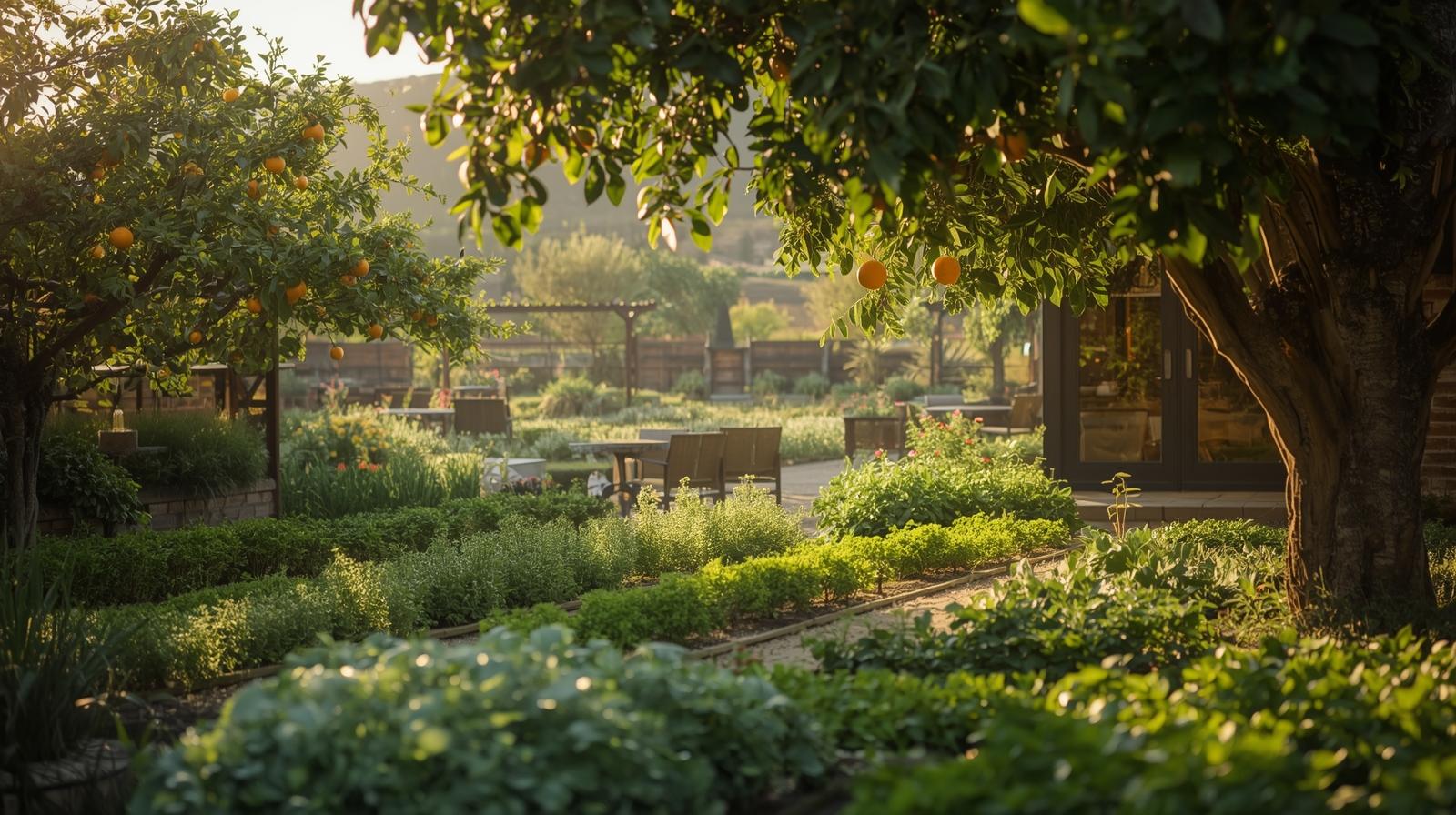 Restaurant garden in Napa Valley showing vegetables and herbs grown for farm to table cooking