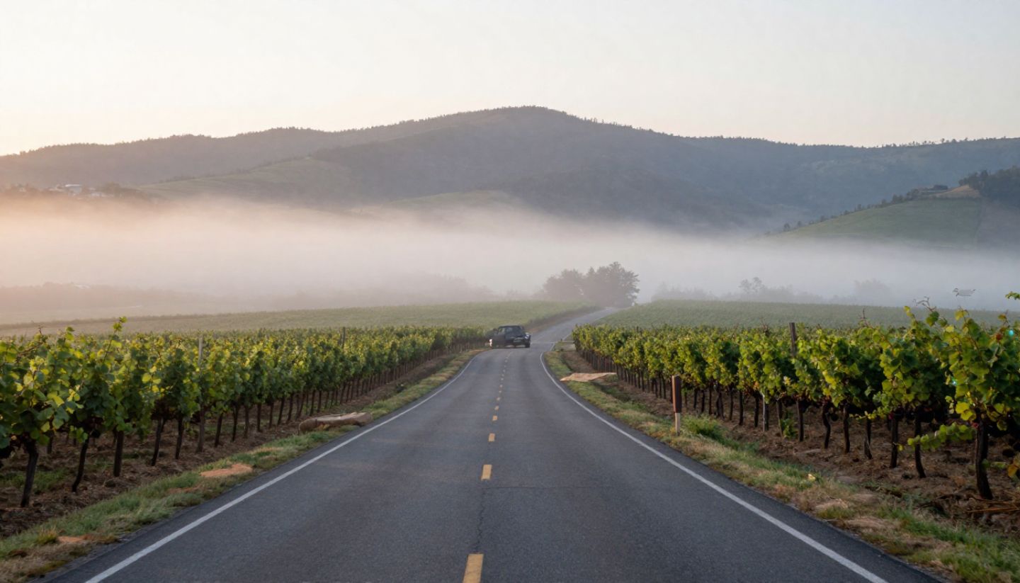 Early morning drive on the Silverado Trail in Napa Valley with vineyard rows and light fog, highlighting a scenic road trip through wine country.