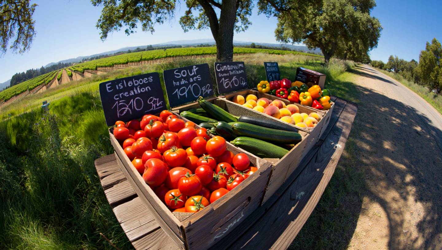 Roadside farm stand along Silverado Trail in Napa Valley with fresh produce and vineyard views, highlighting local food culture.