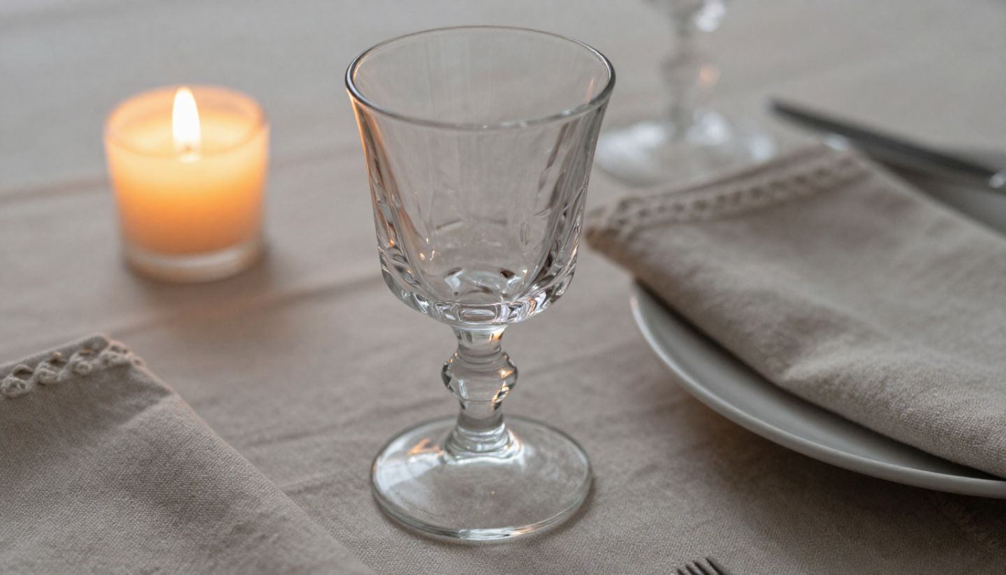  Close-up of a candlelit table setting in a Napa Valley restaurant with glassware and warm light, emphasizing an intimate dining experience.