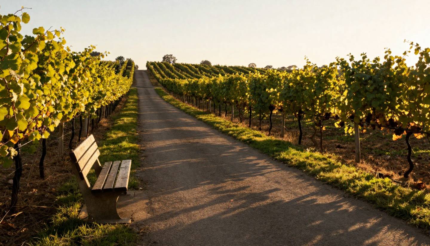 Golden hour light over a Napa Valley vineyard path with long shadows and quiet surroundings, evoking a calm and romantic honeymoon evening.