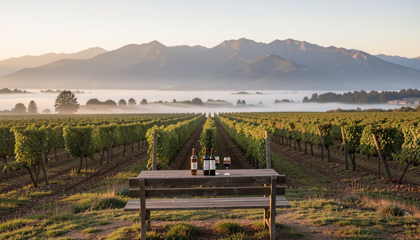 Early morning fog lifting over Cabernet Sauvignon vineyard rows on the Rutherford bench in Napa Valley, with the Mayacamas mountains in the background and soft golden sunrise light highlighting structured vine lines.