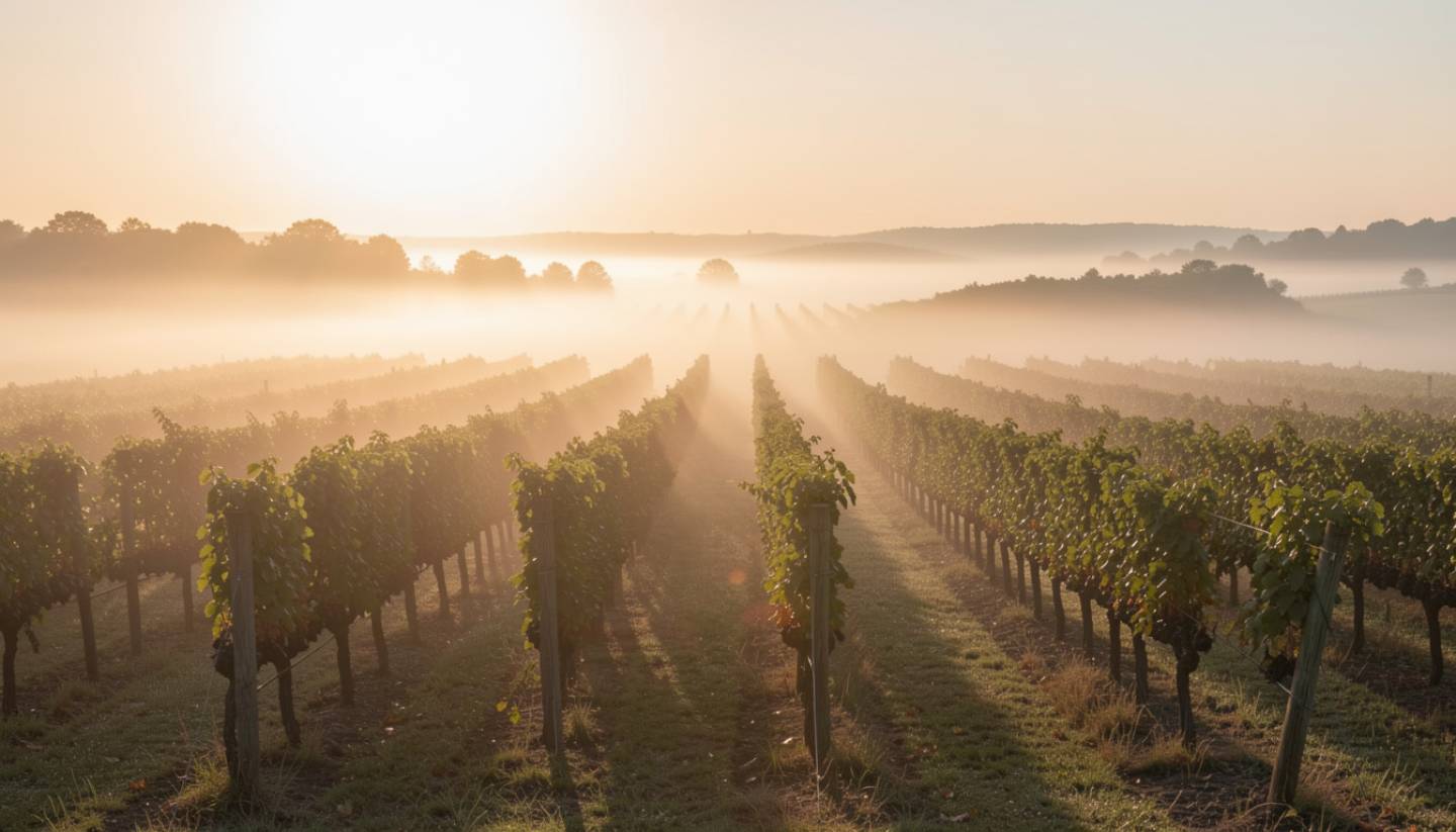 Morning fog lifting over vineyard rows in the Rutherford benchlands of Napa Valley, showing a quiet landscape experience without crowds or tasting rooms.