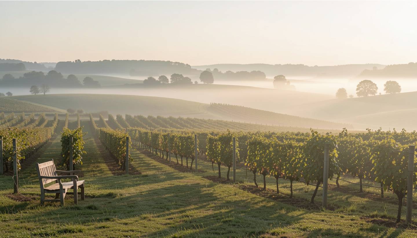 Morning fog lifting over vineyard rows in the Rutherford benchlands of Napa Valley, showing a quiet and reflective travel experience.