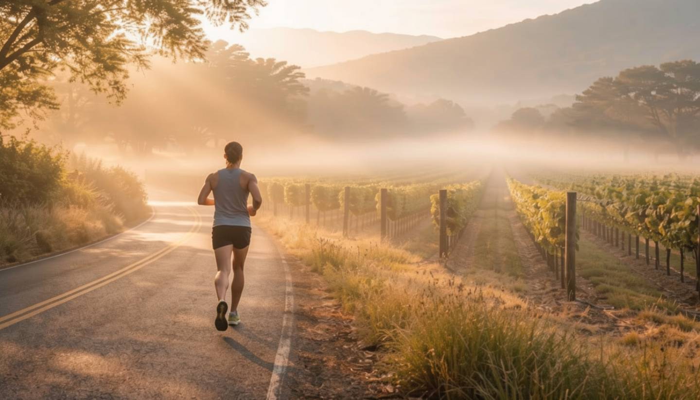 Runner jogging along a quiet vineyard road in Napa Valley during early morning fog, with vineyard rows and soft sunrise light creating a calm, scenic atmosphere.