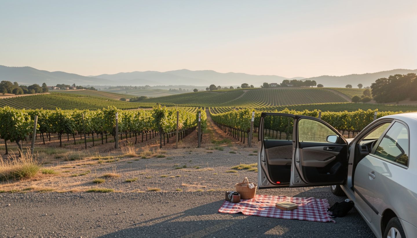 Picnic blanket beside a vineyard road in Napa Valley during golden hour, showing a relaxed scenic picnic drive experience.