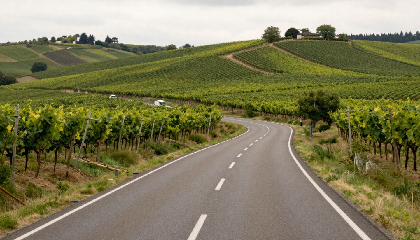 Quiet scenic road through Napa Valley vineyards, illustrating travel between different wine regions.