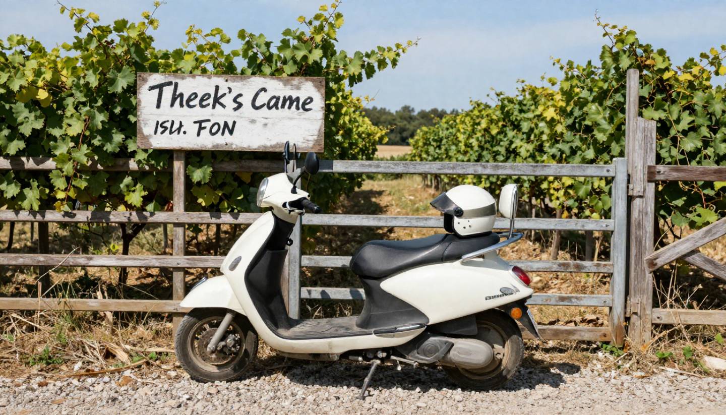 Scooter helmet resting on a moped near a vineyard gate in Napa Valley, illustrating relaxed exploration of wineries by scooter.