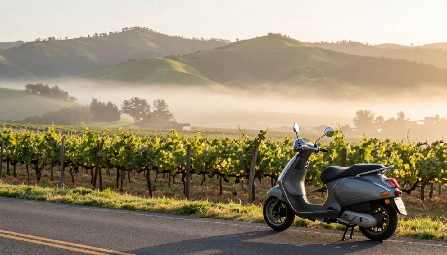 Scooter parked beside a quiet Napa Valley vineyard road during early morning fog, showing slow travel and scenic wine country exploration.