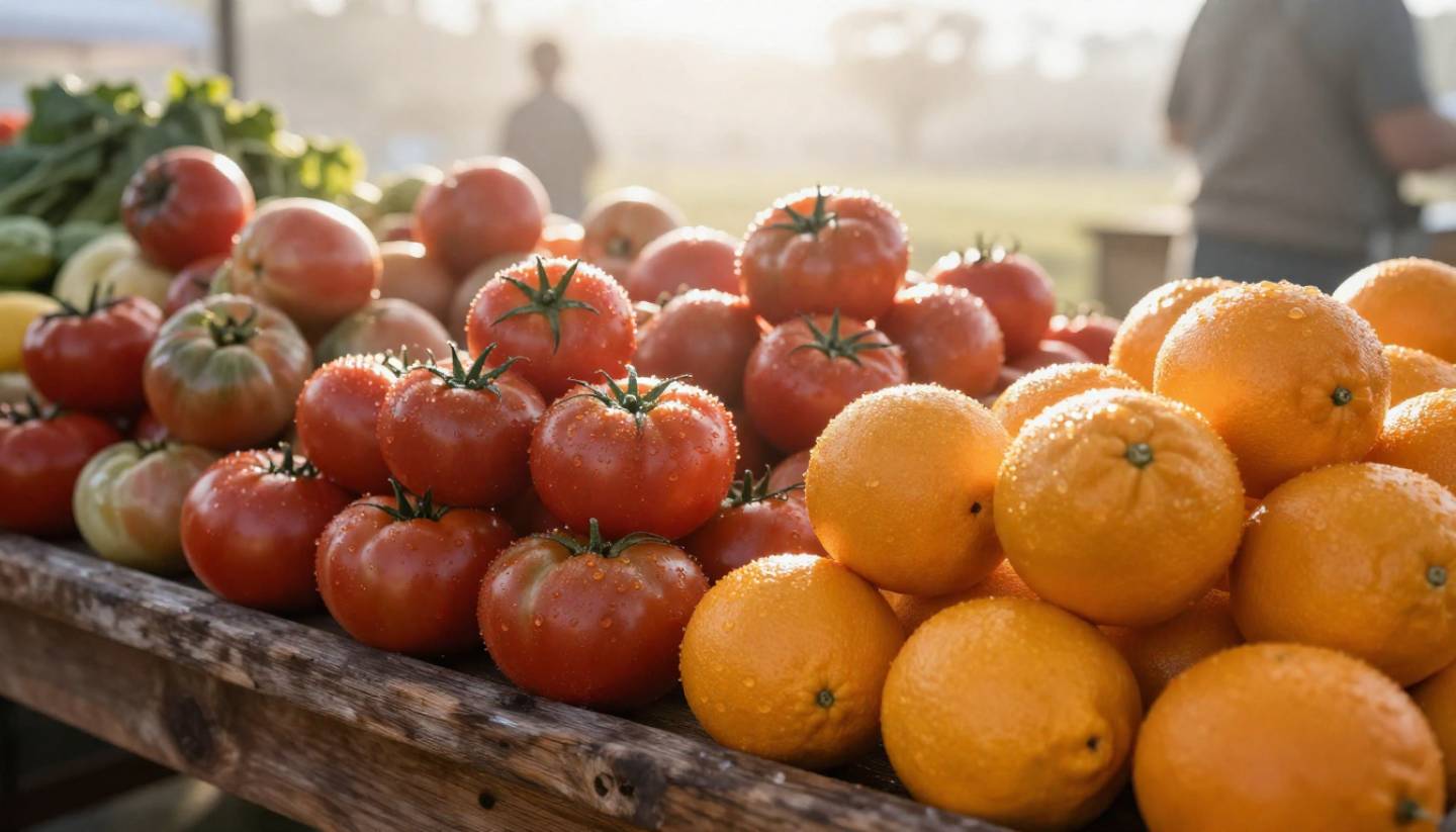 Seasonal produce at a Napa Valley farmers market in the early morning, including fresh vegetables and fruit arranged on wooden crates for cooking inspiration.