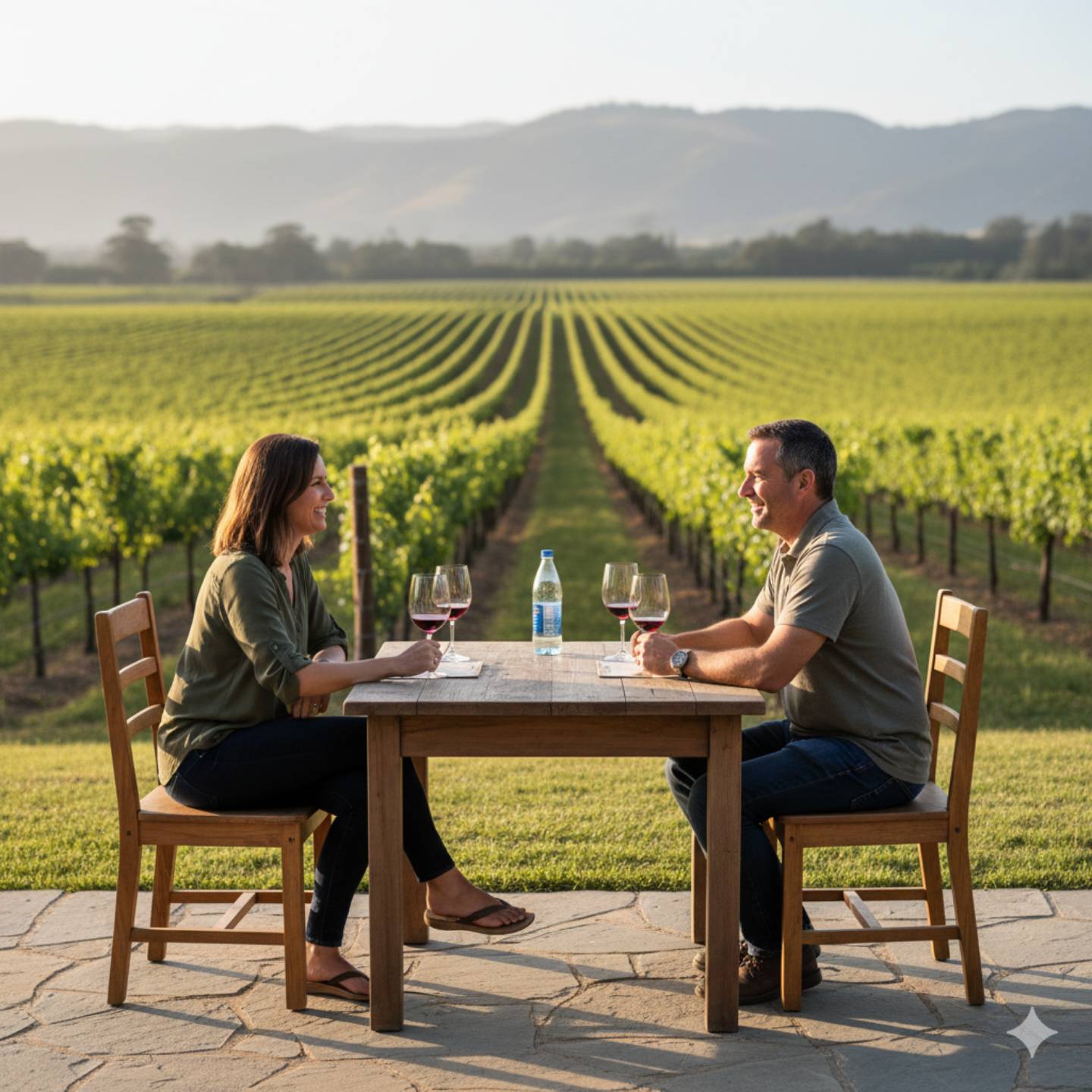 Seated outdoor wine tasting at a Napa Valley winery with vineyard views, showing an unhurried and hospitality-focused tasting experience.