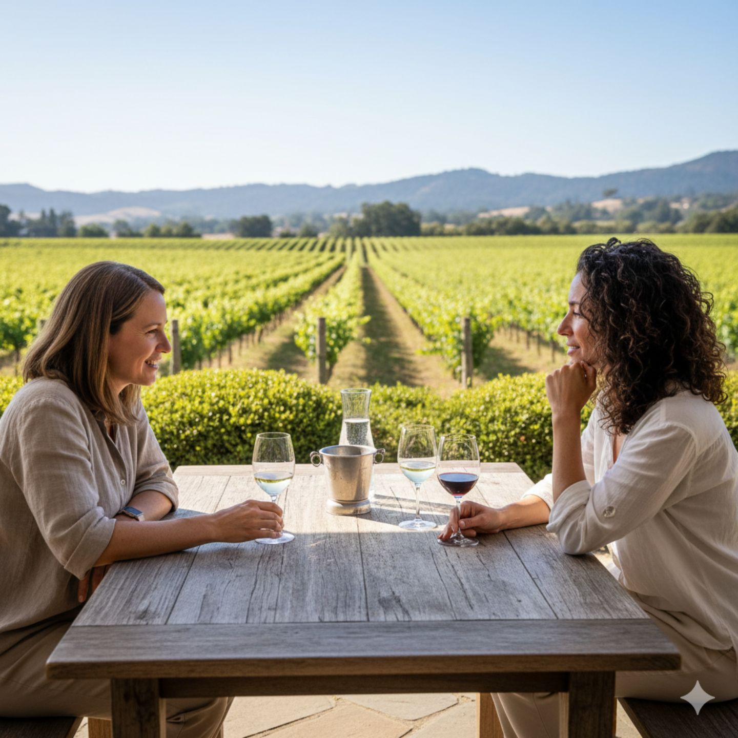 A seated winery tasting outdoors at a small Napa estate, with two or three glasses on a wooden table, vineyard rows stretching out beyond, and guests engaged in quiet conversation rather than posed tasting.