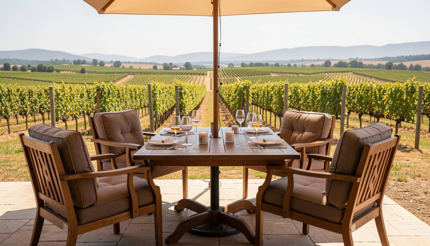 Seated winery tasting in Napa Valley with comfortable chairs and vineyard views, designed for a relaxed experience for travelers and their parents.