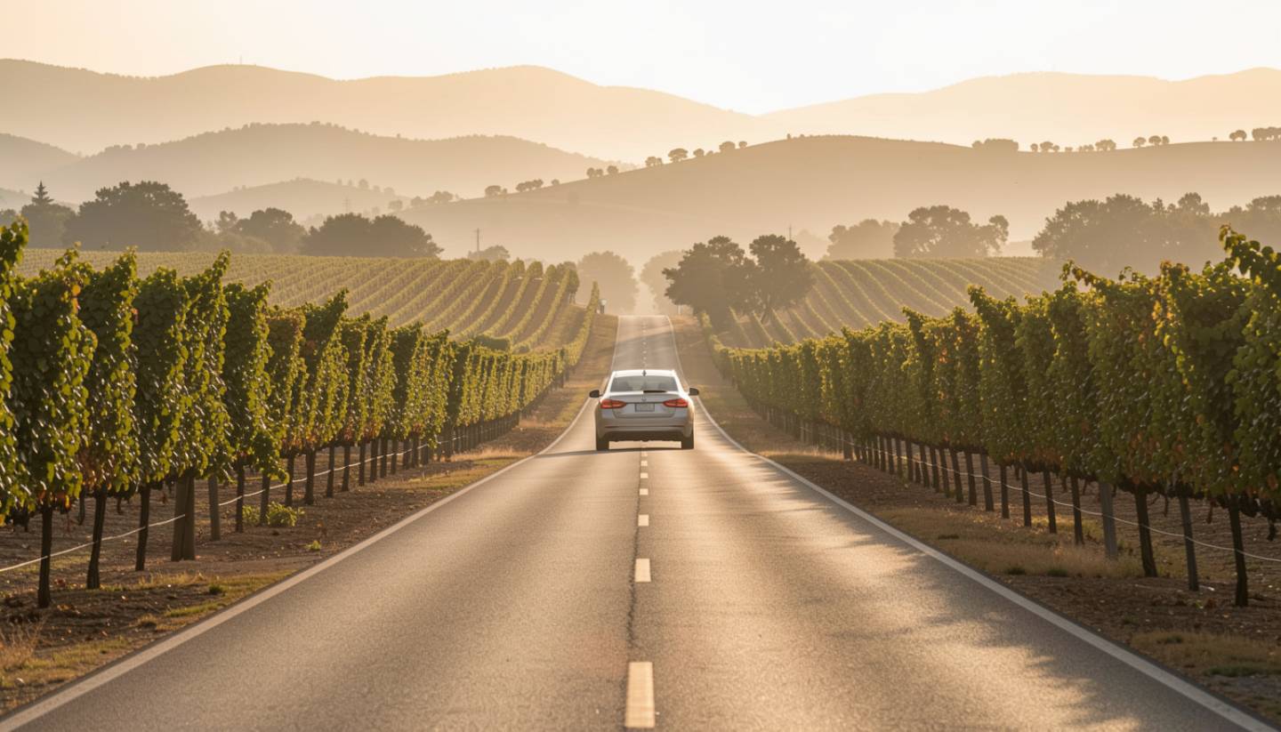 Scenic road through Napa Valley vineyards with a single car, representing a self-guided wine tour and independent travel experience. Scenic road through Napa Valley vineyards with a single car, representing a self-guided wine tour and independent travel experience.