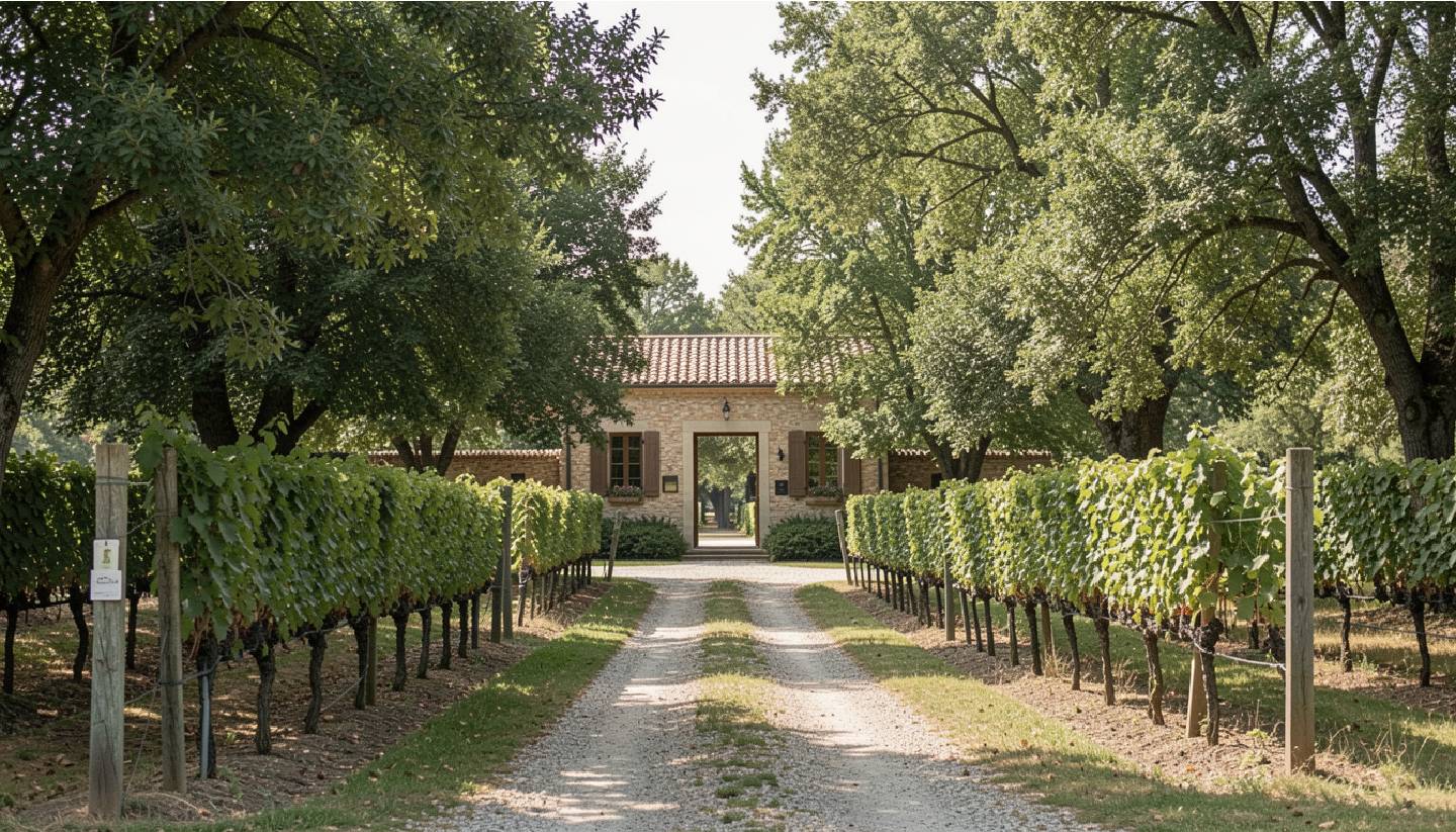 Entrance to a small appointment only winery in Napa Valley set back from the main road, emphasizing calm and intentional travel.