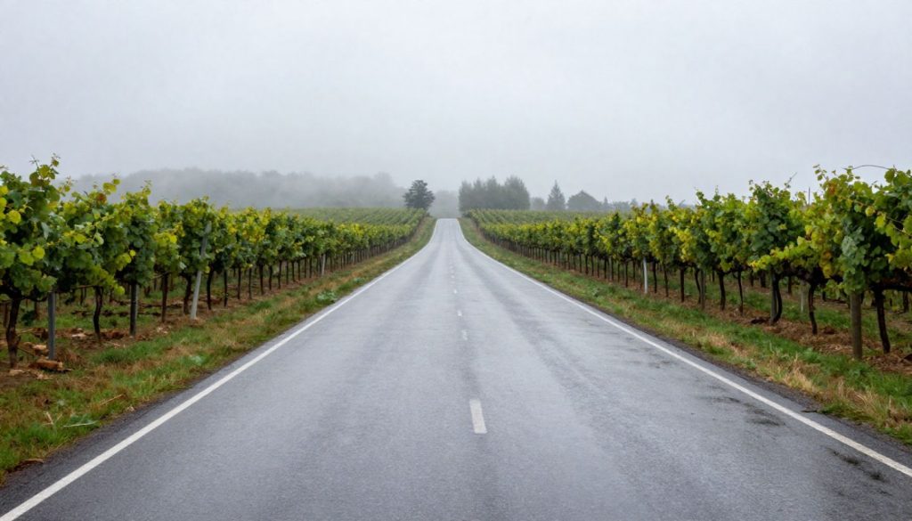 Empty vineyard road along Silverado Trail in Napa Valley during fog and rain, creating a peaceful and reflective travel scene.
