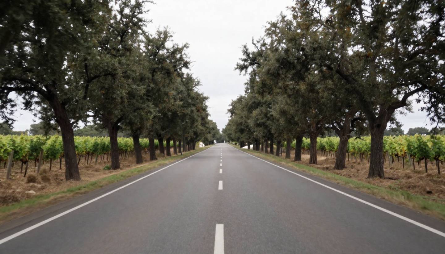 A quiet two-lane road through Napa Valley vineyards with no cars, illustrating slow travel, simplicity, and a minimalist approach to exploring wine country.