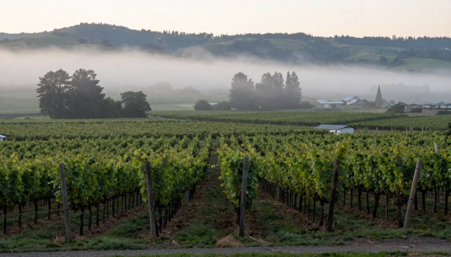 Early morning fog lifting over vineyard rows along the Silverado Trail in Napa Valley, showing a quiet, uncrowded landscape experienced by locals before the day begins