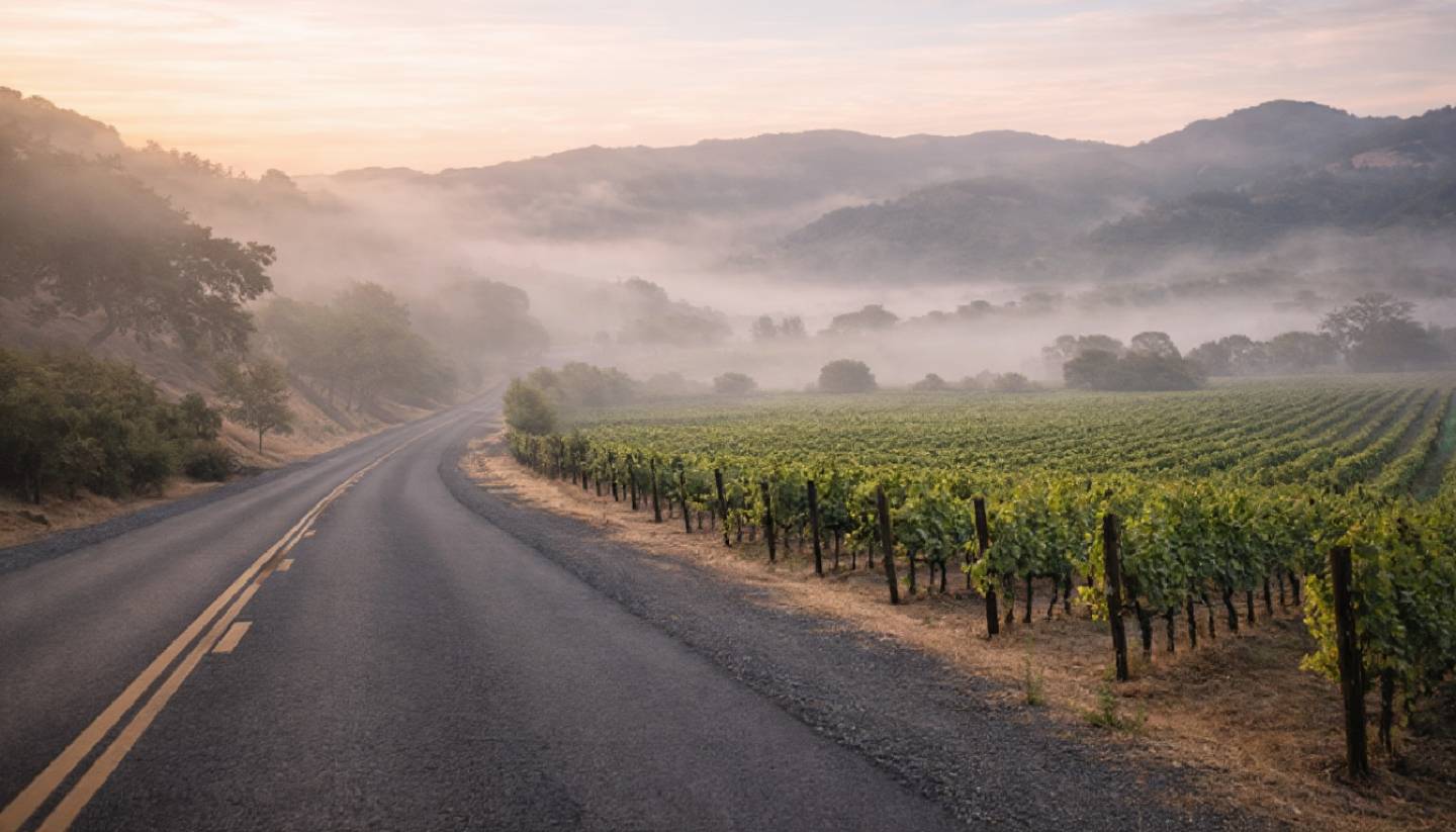 Early morning fog lifting over vineyards along Silverado Trail in Napa Valley, showing a quiet road and peaceful wine country scenery.