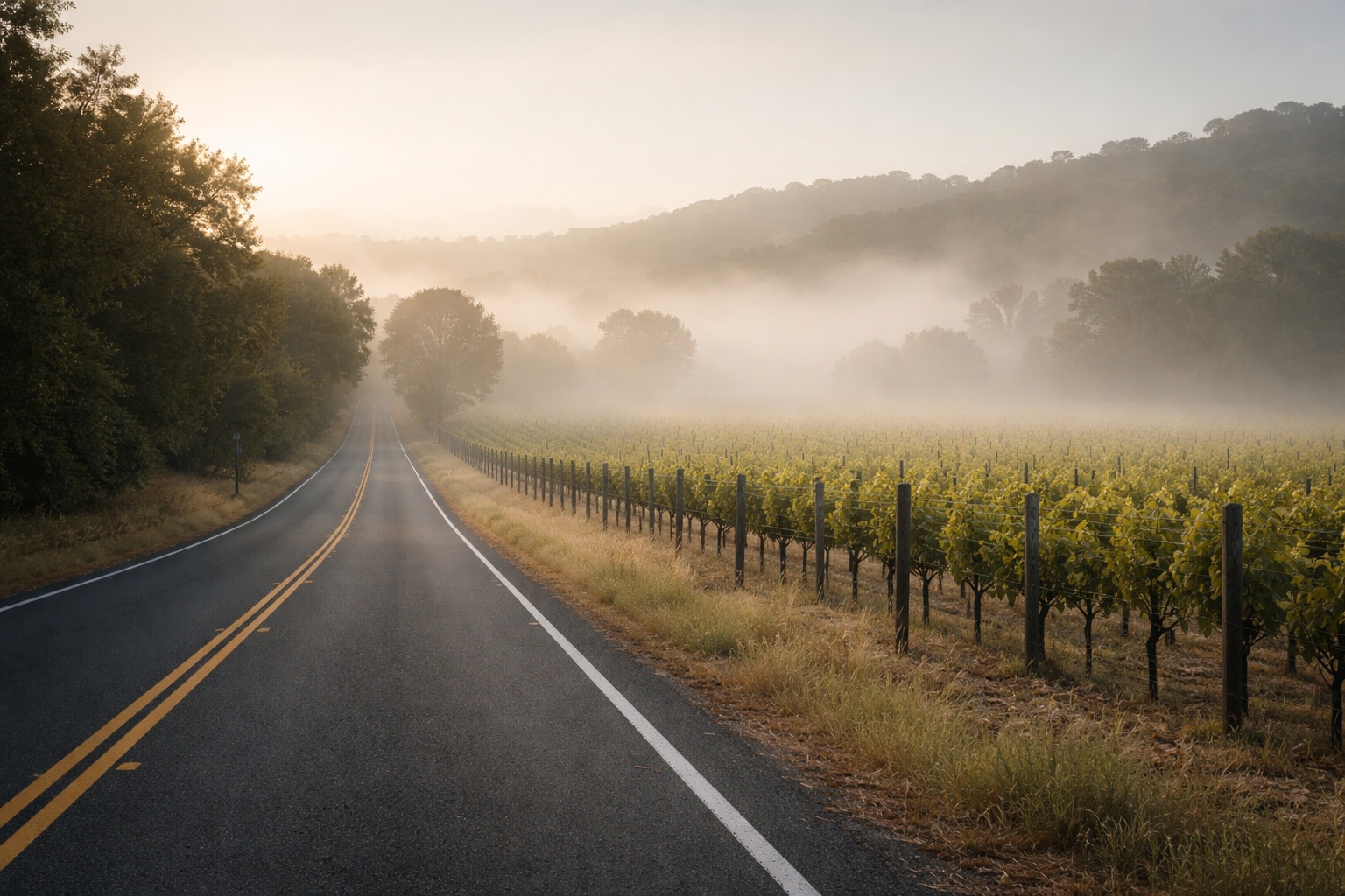 Early morning drive along Silverado Trail in Napa Valley with vineyard rows and light fog, creating a calm setting for scenic driving and podcast listening.