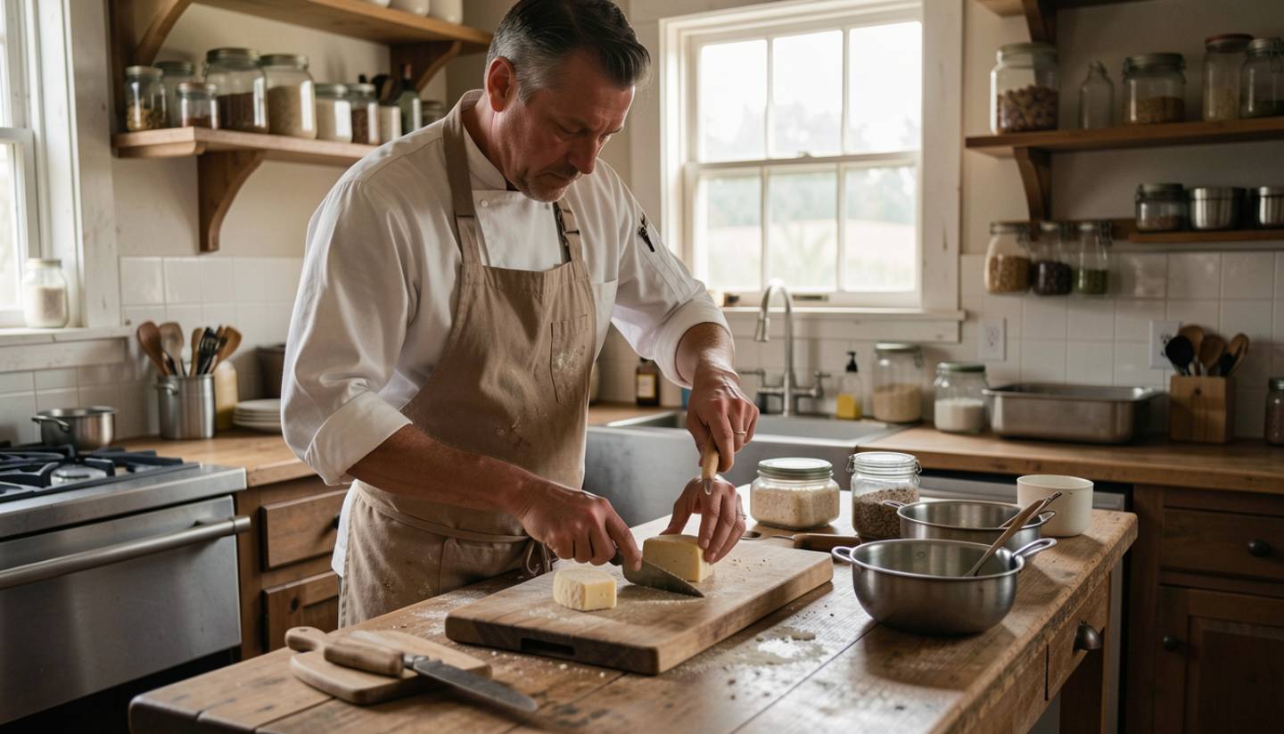 Hands of a Napa Valley food producer arranging small-batch bread and preserves on a wooden table in soft morning light, showing the craft and scale of local artisanal food production.