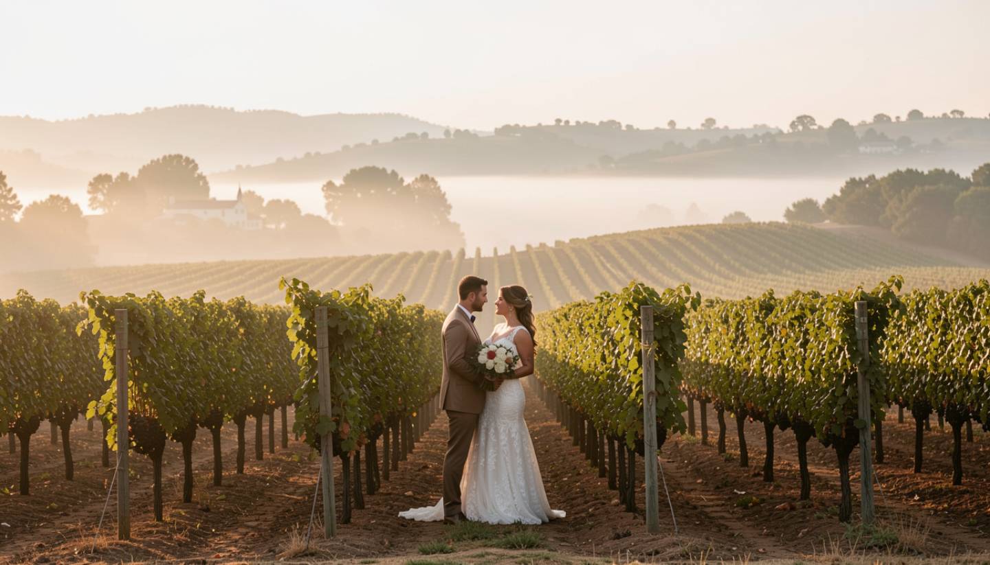 Couple standing quietly between vineyard rows in Napa Valley during early morning fog, capturing an intimate small elopement setting.