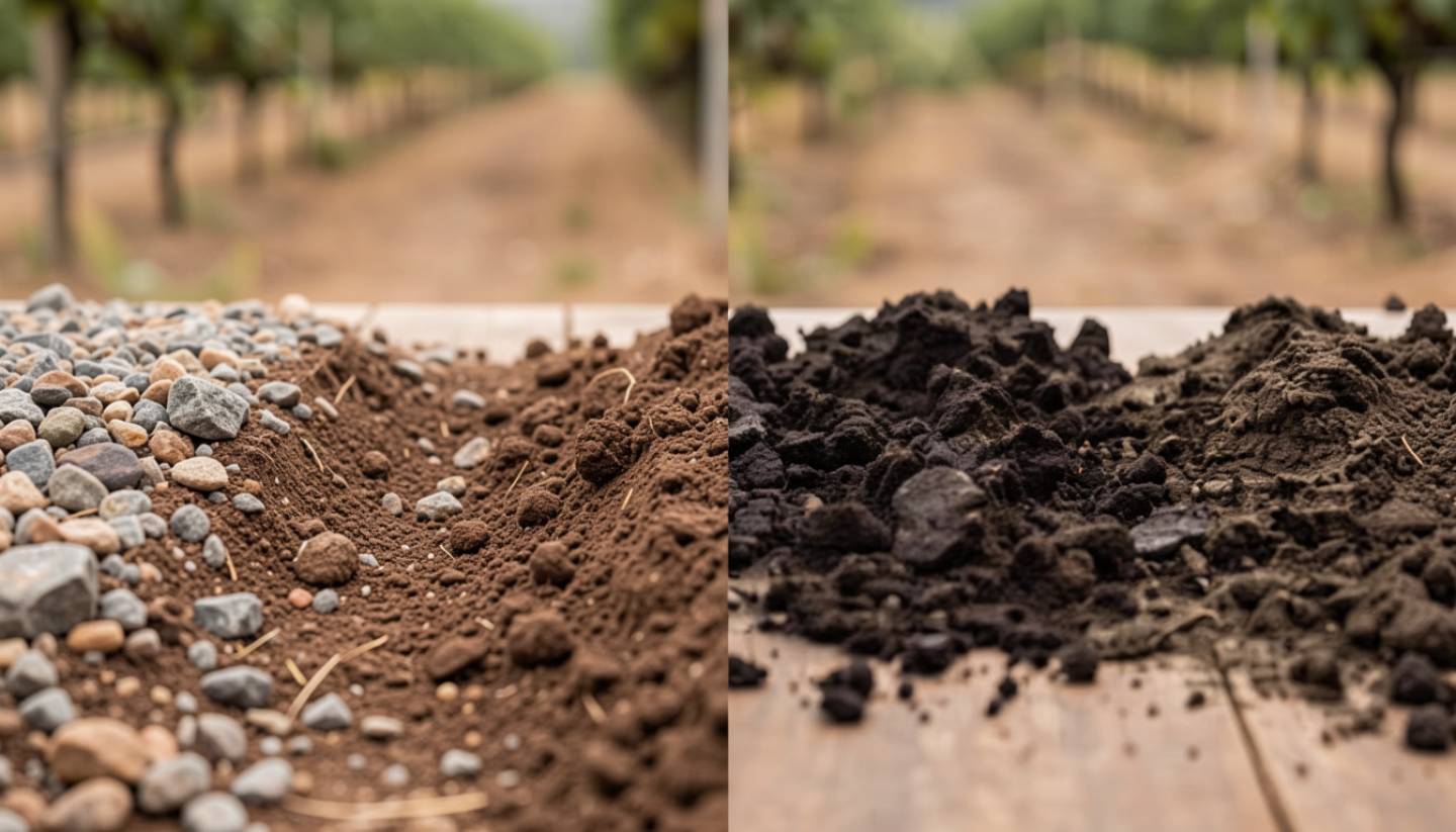 Side-by-side view of different Napa Valley vineyard soils, showing gravel, volcanic rock, and clay that influence grape variety expression