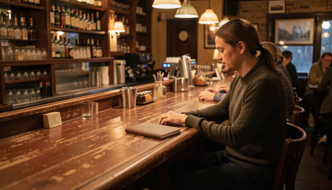 A single guest seated at a restaurant bar with a book or notebook nearby. Warm interior light, wood textures, and an unhurried atmosphere.
