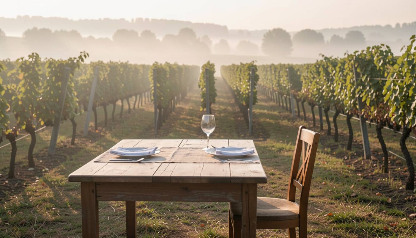 Single place setting at an outdoor table overlooking Napa Valley vineyards, representing solo travel focused on quiet, reflection, and intentional pace.