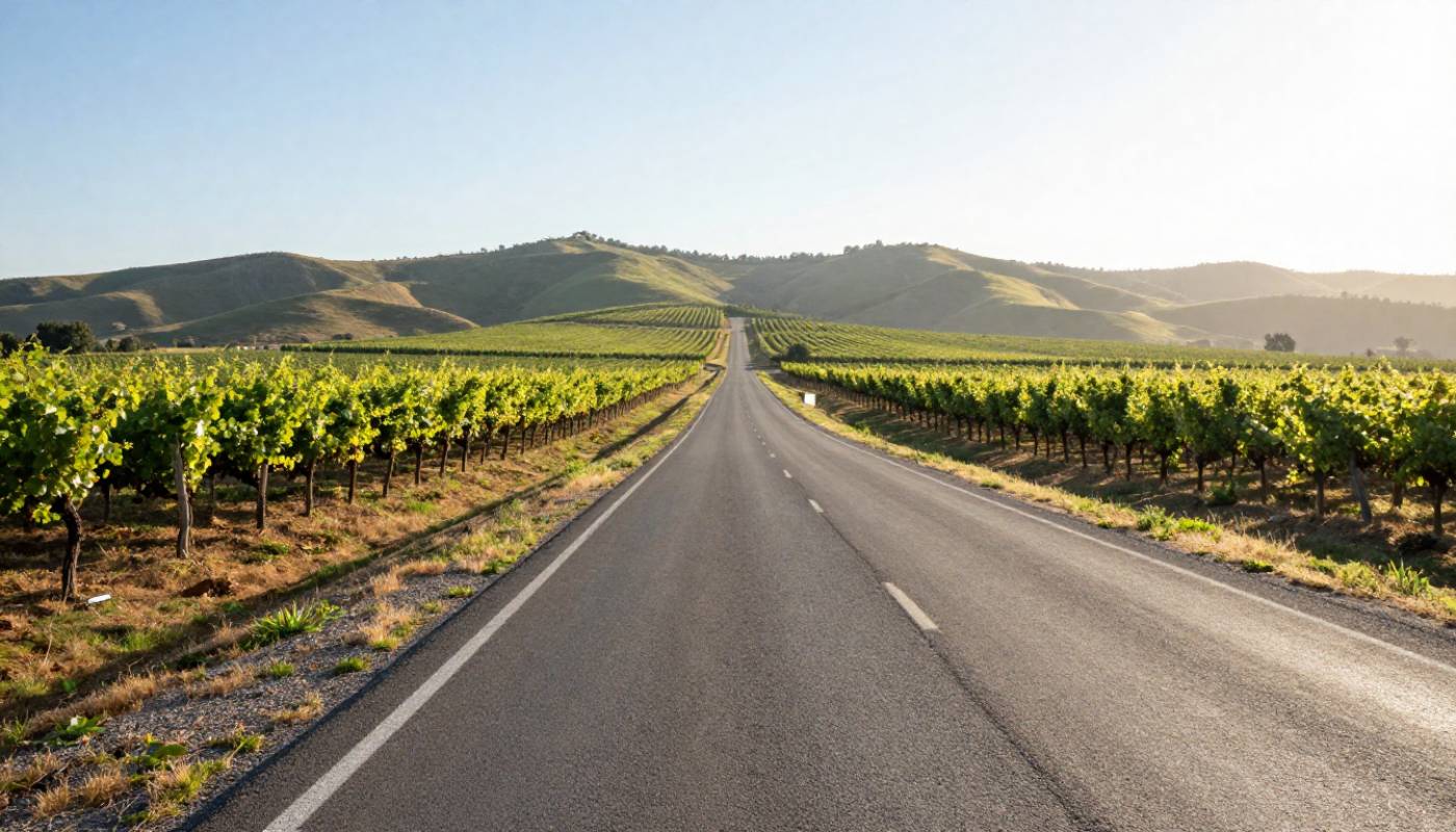 An empty stretch of Silverado Trail in early morning light. Vineyard rows, distant hills, and a clean, open road with no traffic.