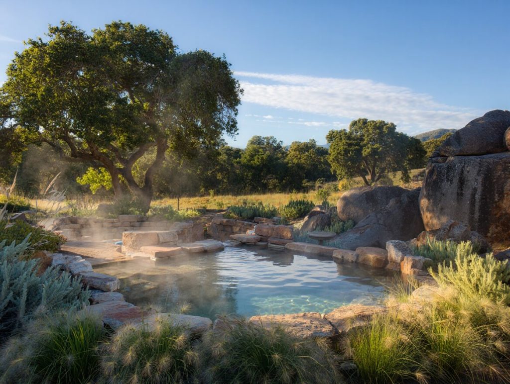 Outdoor spa soaking area in Calistoga, Napa Valley, with geothermal mineral pools, natural stone, and surrounding landscape.