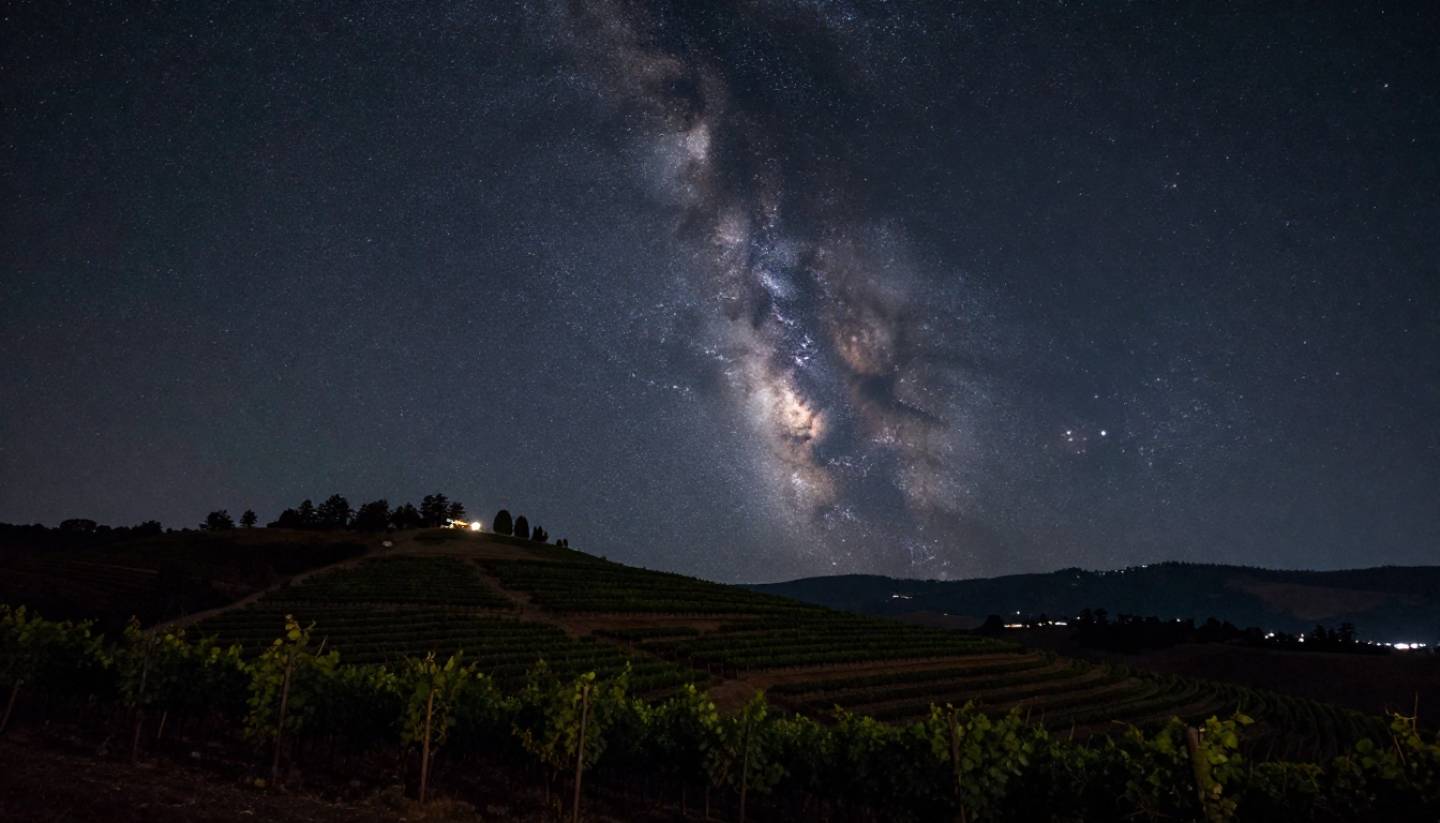 Night sky over Napa Valley vineyards with stars visible above dark hillside terrain, showing rural stargazing conditions and low light pollution.