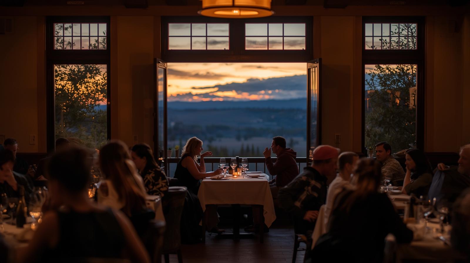  Evening dining room at a Napa Valley steakhouse with guests seated at tables in a softly lit space.
