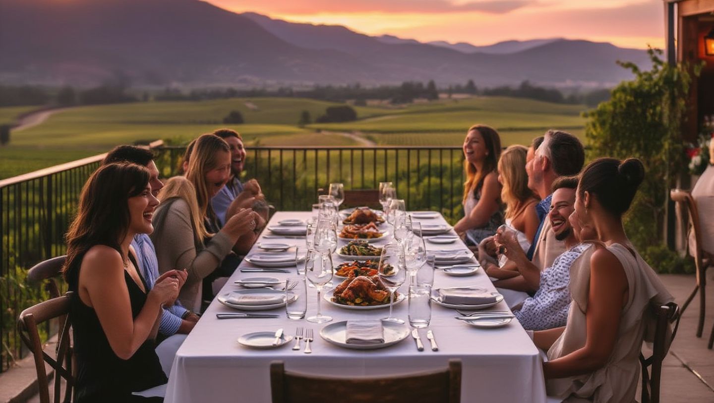 Golden hour in Napa Valley with vineyards glowing as the sun sets behind the Mayacamas mountains.