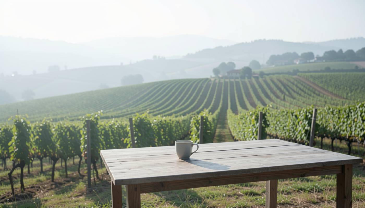 Morning coffee overlooking Napa Valley vineyards at sunrise, with soft light and fog lifting from the vine rows, representing a calm start to the day.
