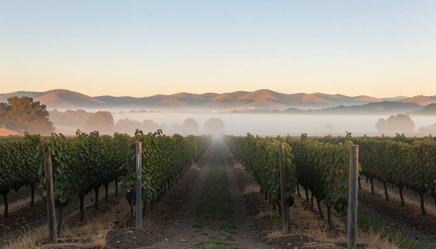 Sunrise over Napa Valley vineyards with morning fog lifting along the Silverado Trail, showing quiet vine rows and soft early light before the day begins.