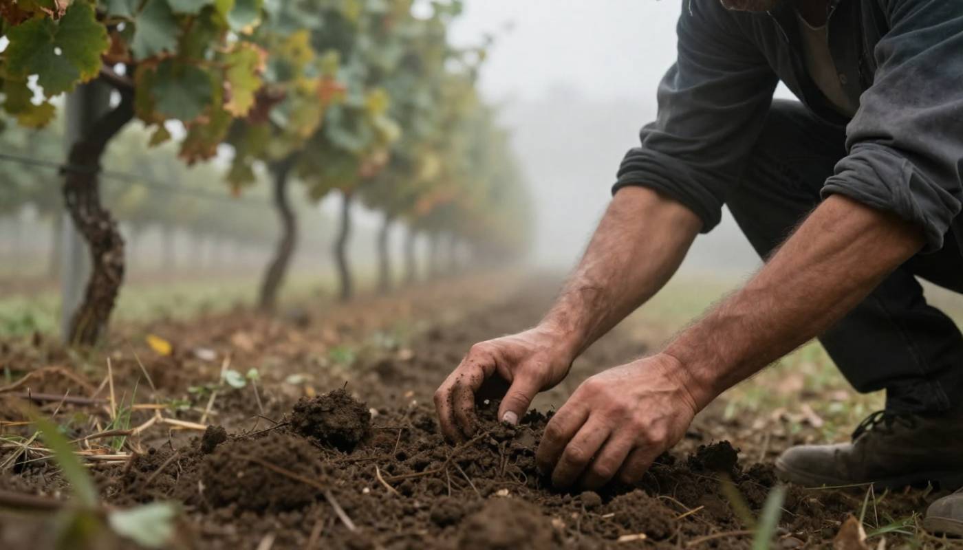 Sheep grazing between vineyard rows in Napa Valley as part of sustainable and regenerative farming practices.