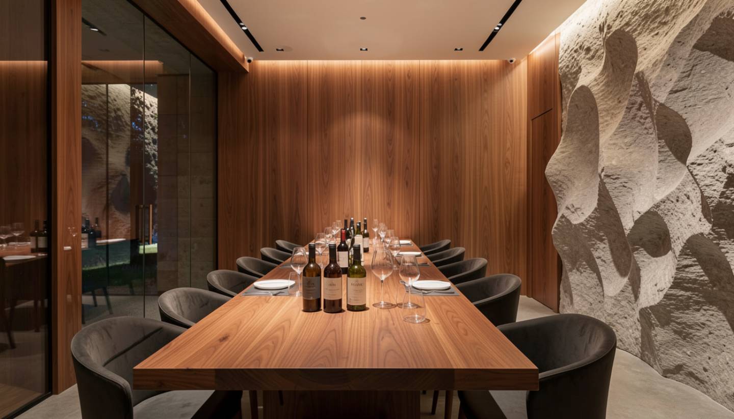 Interior of a Napa Valley tasting room featuring wood and stone materials, wine bottles, and minimalist design that reflects the estate’s visual identity.