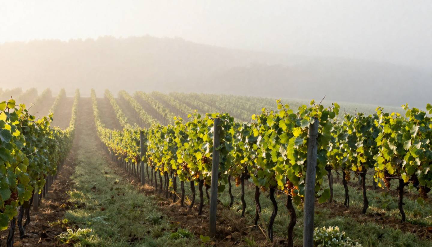 Morning fog lifting over vineyard rows in Napa Valley, showing a quiet landscape ideal for a tech-free and unplugged weekend.