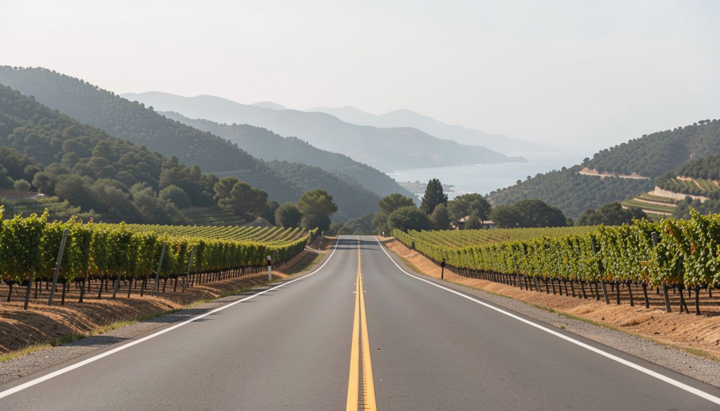 Scenic road leaving Napa Valley toward a neighboring wine region, showing vineyards, hills, and changing landscape.