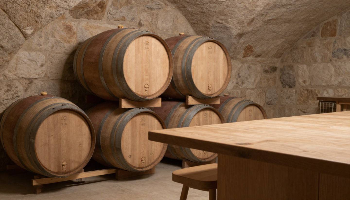 A traditional Napa Valley wine cellar with neutral oak barrels and stone walls, lit softly to emphasize age, restraint, and Old World winemaking practices.