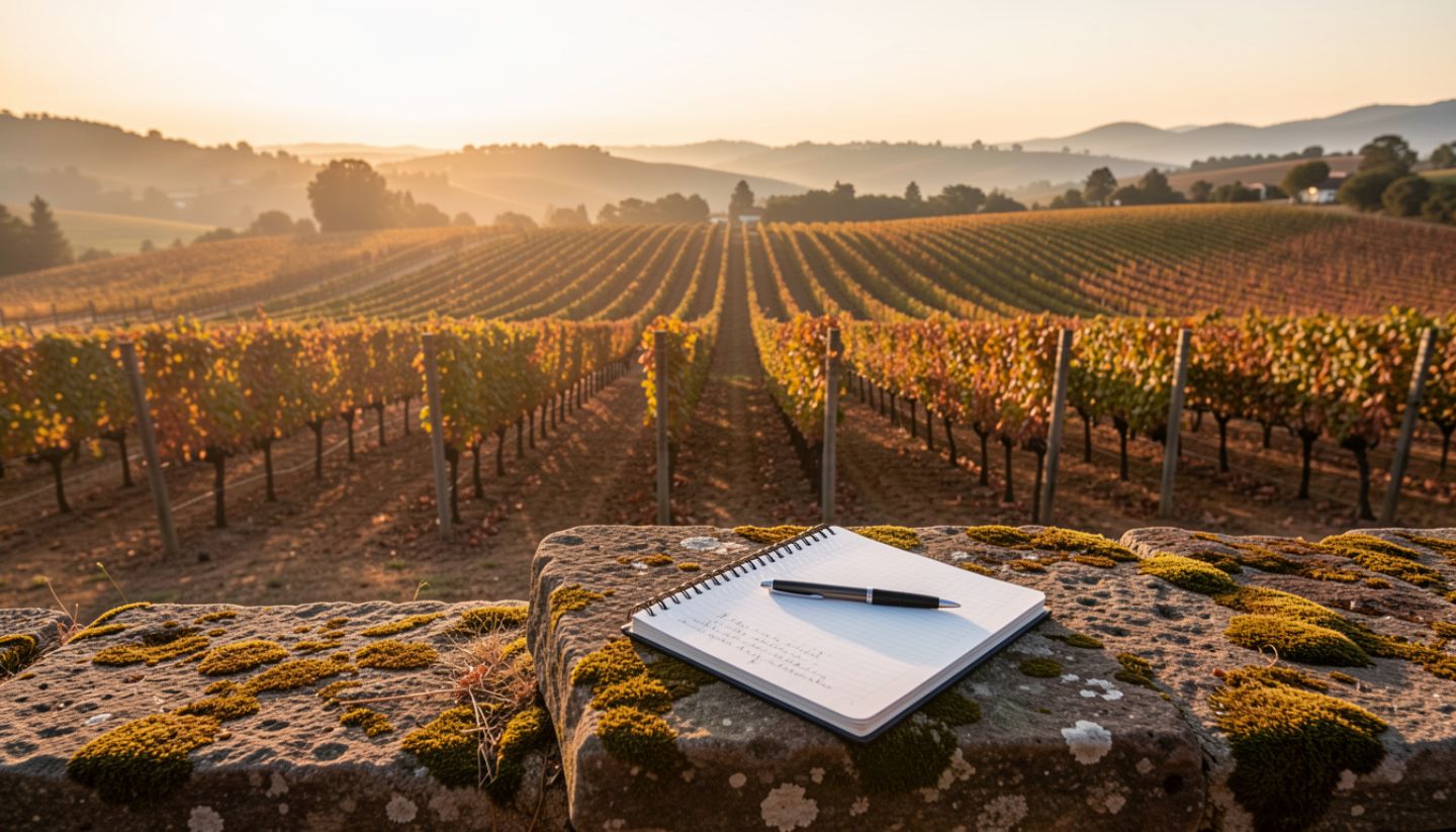 Notebook and pen resting on a bench overlooking Napa Valley vineyards, representing quiet travel journaling and reflection.
