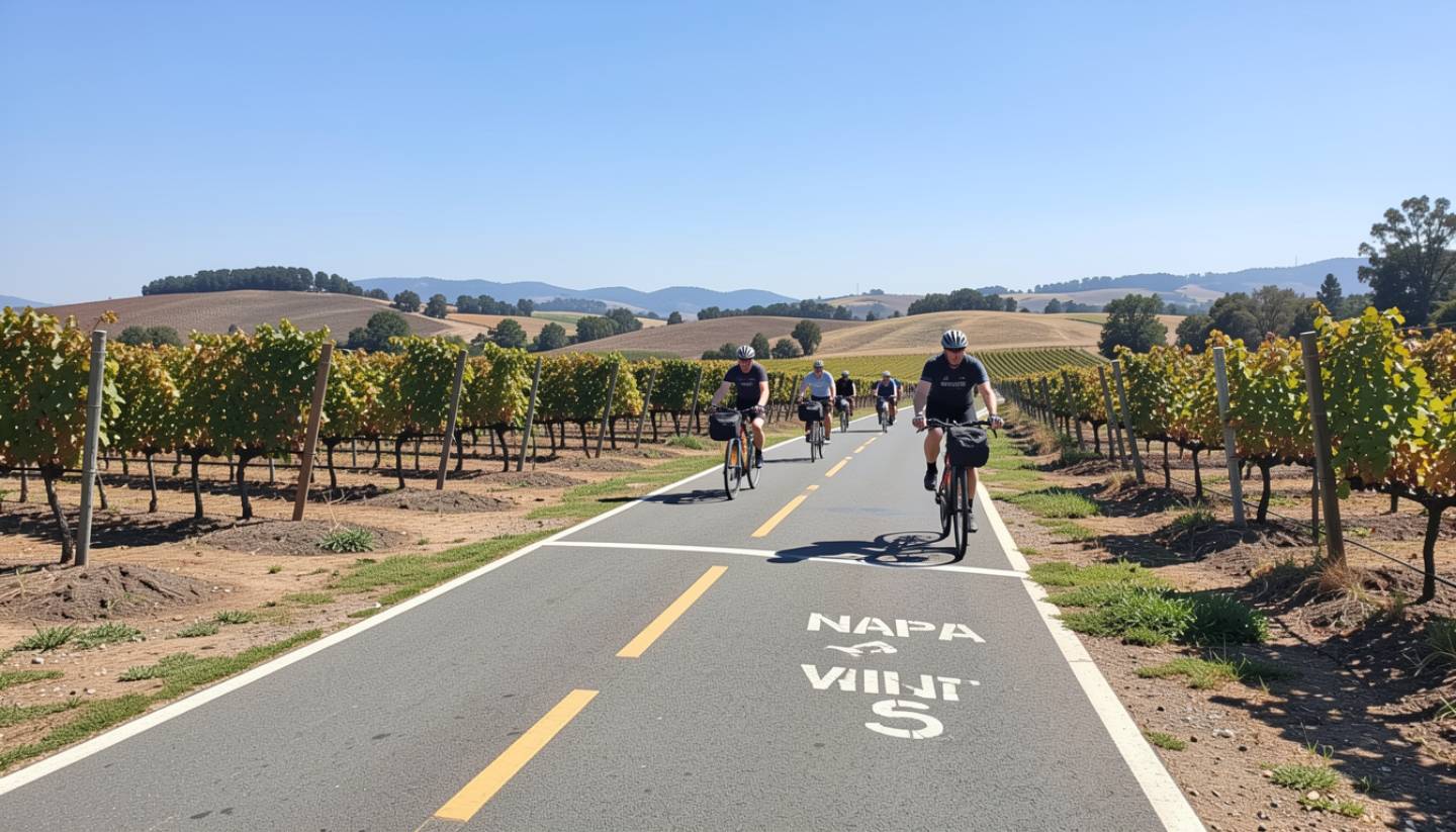 People biking on the Napa Valley Vine Trail next to vineyards, illustrating a safe and car free way to explore Napa Valley.