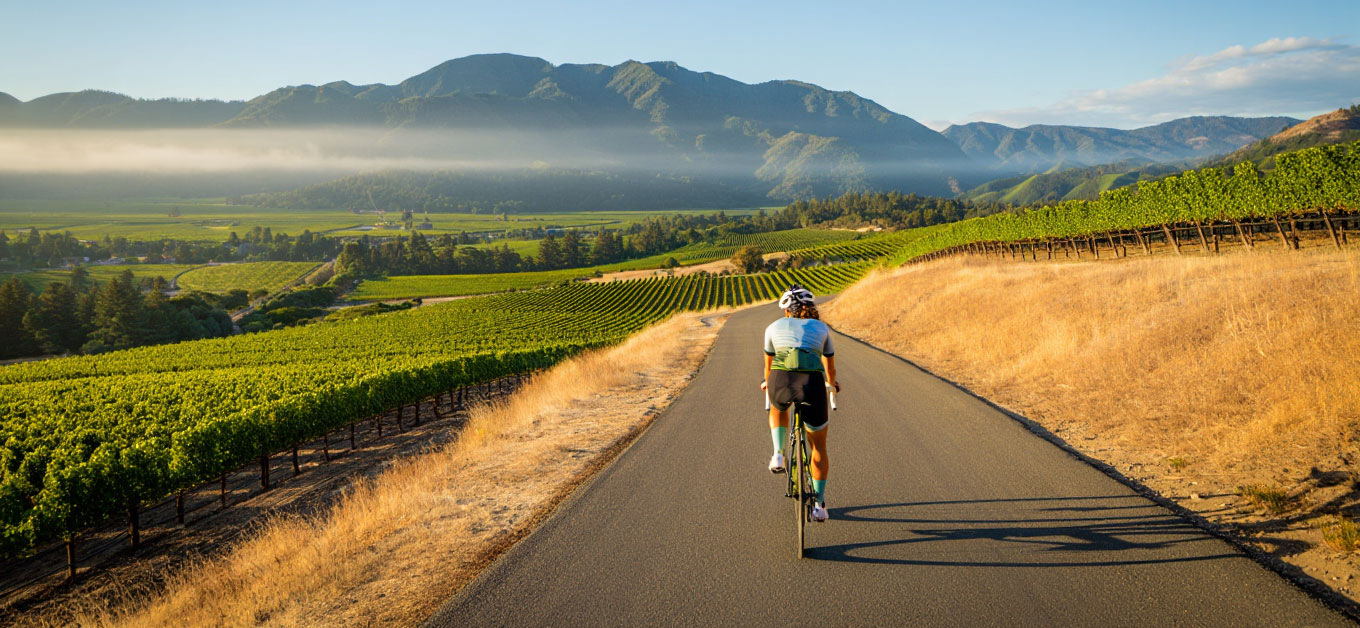 Biking along the Napa Valley Vine Trail near Yountville with vineyards and open valley views.
