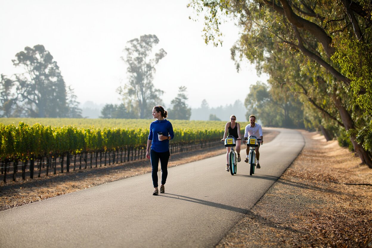 Cyclists and walkers on the Napa Valley Vine Trail during a quiet morning. Flat paved path, vineyards on one side, trees or river on the other. No crowds, no racing bikes. Calm and approachable.