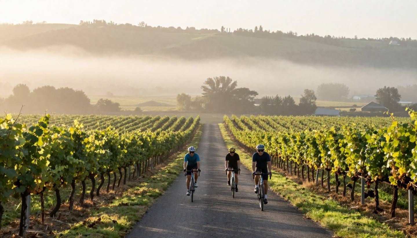Cyclists riding along the Napa Valley Vine Trail in the early morning with vineyard rows and light fog, showing a relaxed way to travel between stops in Napa Valley.
