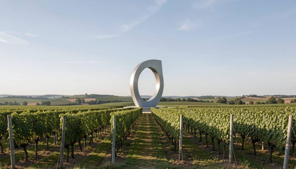 Contemporary outdoor art installation placed among vineyard rows in Napa Valley, blending sculpture, open space, and agricultural landscape.